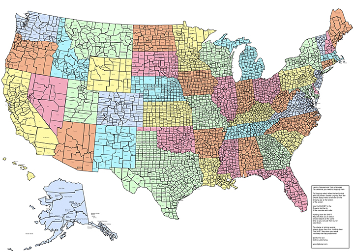 USA National State County Map with Names, 20x28. Edit with PowerPoint or Adobe Illustrator