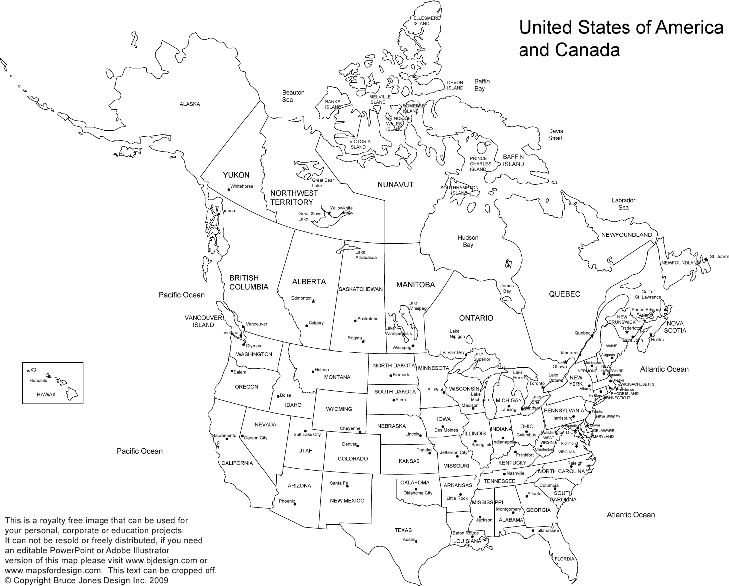 Blank, Printable, Outline Map of the USA, United States and Canada, North America, with full state and provinces names plus state and province capitals, royalty free, jpg format, Will print out to make an 8.5 x 11 blank map.