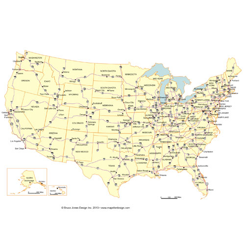 USA National Highway map with 50 states. Editable PowerPoint and Adobe Illustrator clip art maps, includes names and capitals
