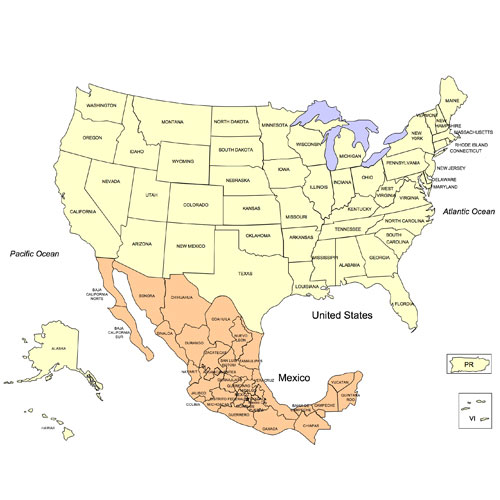 USA and Mexico, with states. Printable, royalty-free, jpg format. Right-click to Download.