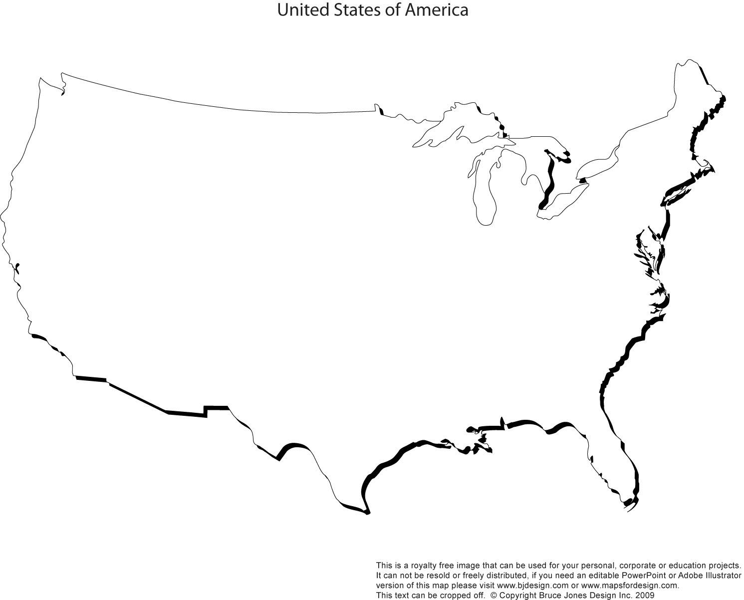 Blank, Printable, Outline Map of the USA, United States, drop shadow, royalty free, jpg format, Will print out to make an 8.5 x 11 blank map.