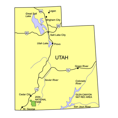 Utah US State PowerPoint Map, Highways, Waterways, Capital and Major Cities