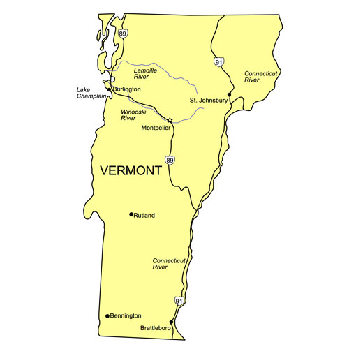 Vermont US State PowerPoint Map, Highways, Waterways, Capital and Major Cities