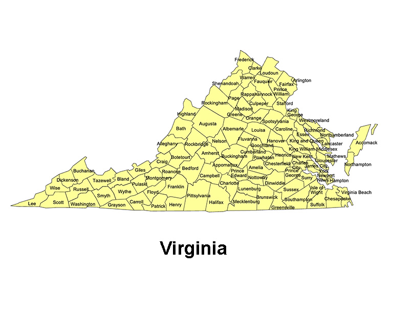 Virgina State County Map, with names, printable, royalty-free, jpg format.