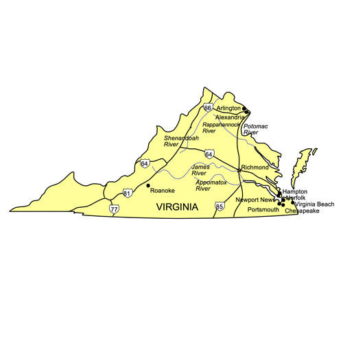 Virgina US State PowerPoint Map, Highways, Waterways, Capital and Major Cities
