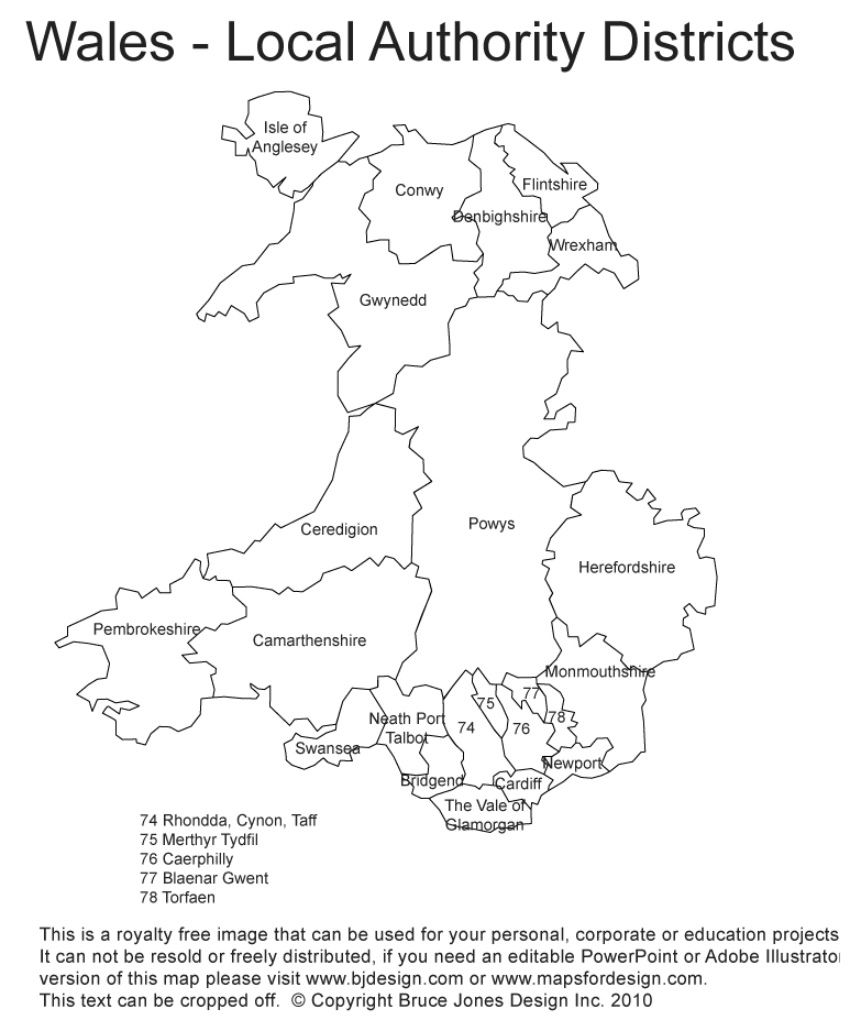 Royalty Free Printable, Blank, map of Wales, UK, England, United Kingdom, Great Britain, administrative district borders with names, jpg format. This map can be printed out to make an printable map. The capital is London