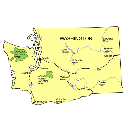 Washington State PowerPoint Map, Highways, Waterways, Capital and Major Cities