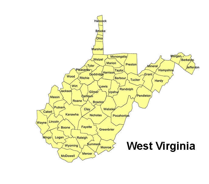 West Virginia State County Map, with names, printable, royalty-free, jpg format.