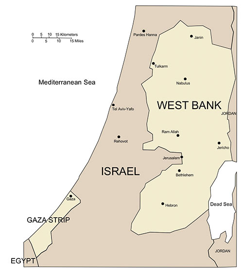 West Bank Country Map, Capitals. Names. Edit with PowerPoint or Adobe Illustrator, includes a JPG version