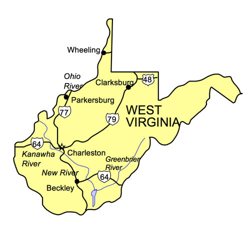 West Virginia State PowerPoint Map, Highways, Waterways, Capital and Major Cities