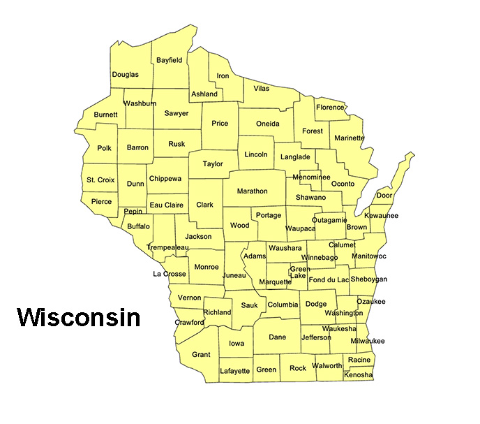 Wisconsin State County Map, with names, printable, royalty-free, jpg format.