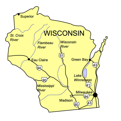 Wisconsin State PowerPoint Map, Highways, Waterways, Capital and Major Cities