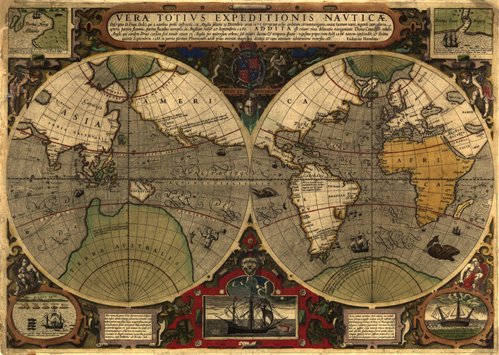 Antique Vintage World Projection Map 1595, created Amsterday, I. Hondius. Shows routes around the world of Sir Francis Drake between 1577 and 1580 and Thomas Cavendish between 1586 and 1588. Includes test, 2 ancillary maps showing landing at California and Java, 2 ancillary views showing Drake’s welcome at Moluccas and Drake’s ship cast up on the rocks near the Celebes.