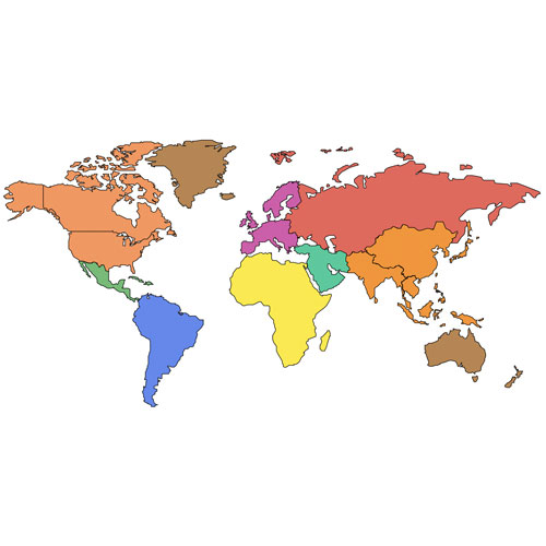 World Mercator Projection PowerPoint and Adobe Illustrator Clip Art Map, Continents, Divided by Regions