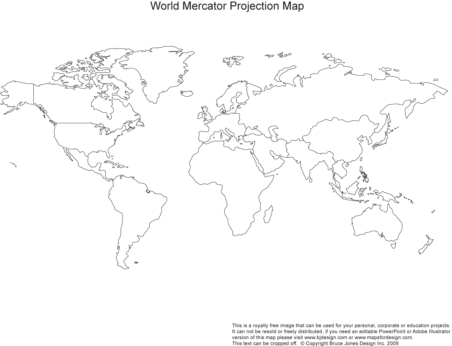 Printable World Mercator Projection Map Blank Map, broken down by continent, no grid lines, royalty free, jpg format. This map can be printed our to make an 8.5 x 11 map.