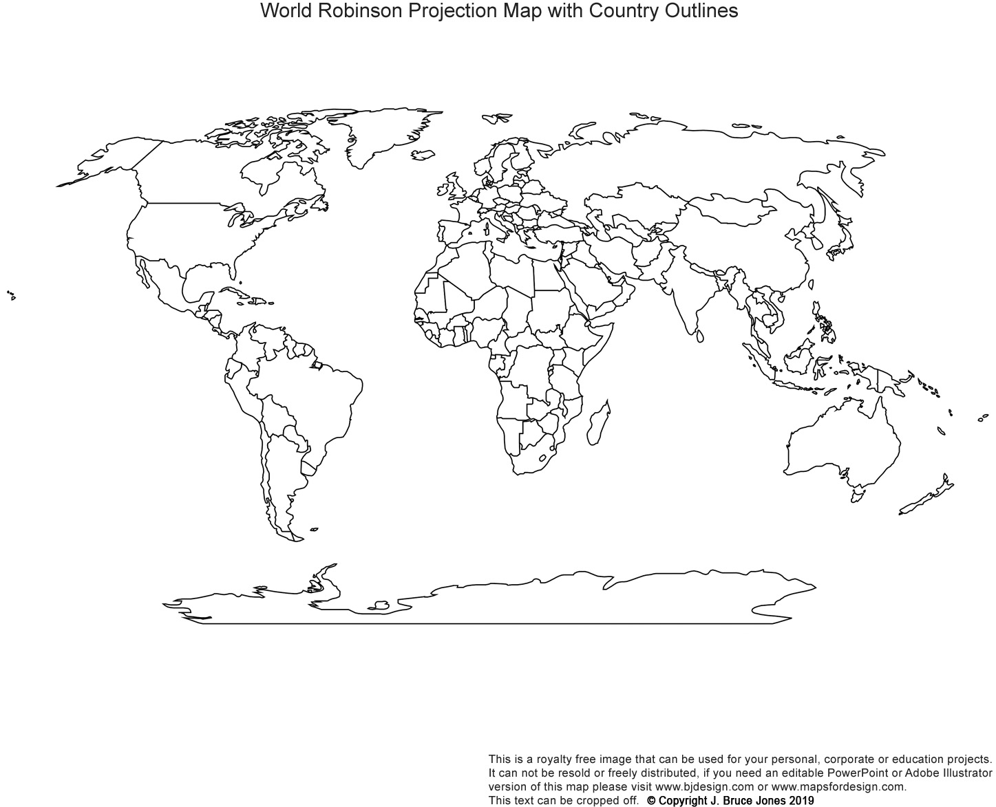 Printable World Robinson Projection Global Map Blank Map, country borders, no grid line, royalty free, jpg format. This map can be printed our to make an 8.5 x 11 map.