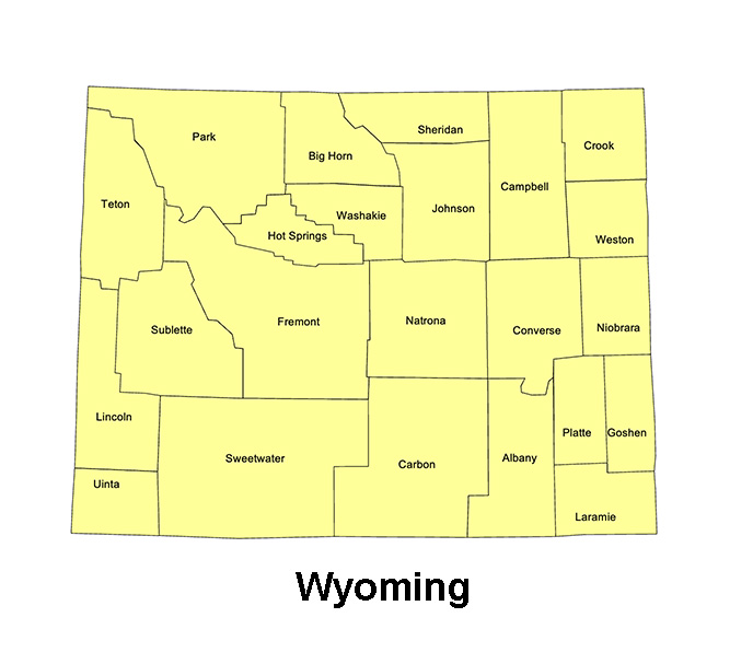 Wyoming State County Map, with names, printable, royalty-free, jpg format.