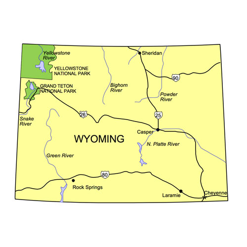 Wyoming State PowerPoint Map, Highways, Waterways, Capital and Major Cities