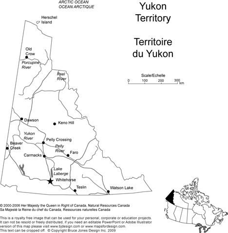 Printable, Blank Map of Yukon, Canada province, includes the Capital, Major Cities, Major Highways, Waterways and Lakes, royalty free with jpg format, Will print out to make 8.5 x 11 map. Capital Regina, Canada, other cities, Whitehorse, Keno Hill, Beaver Creek, Dawson