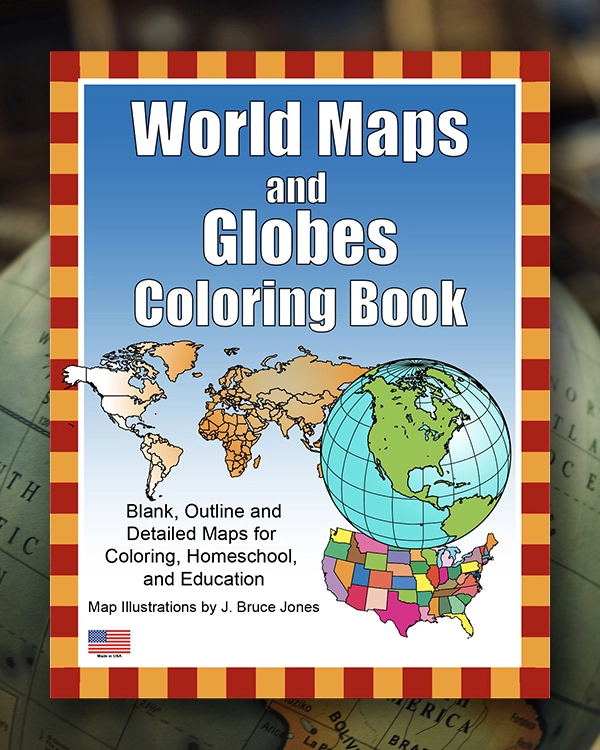 World projection maps and globes coloring book. PDF book of coloring pages