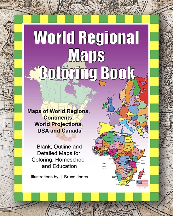 World Regional Maps coloring book. PDF book of coloring pages