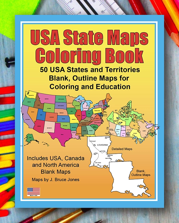 USA State maps, 50 states coloring book. PDF book of coloring pages