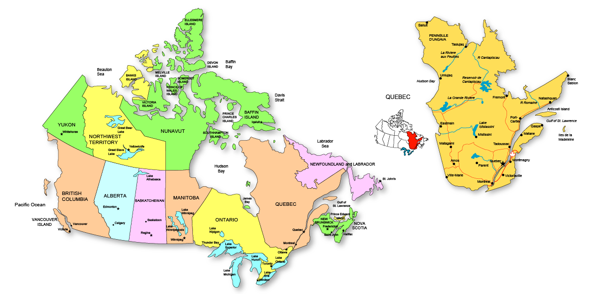 Canada provinces and territories map. Broken down by provinces and territories, with text and locations