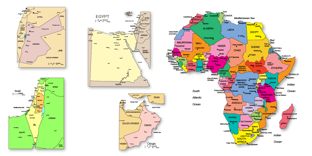 Middle East and Africa maps, Israel, Jordan, South Africa