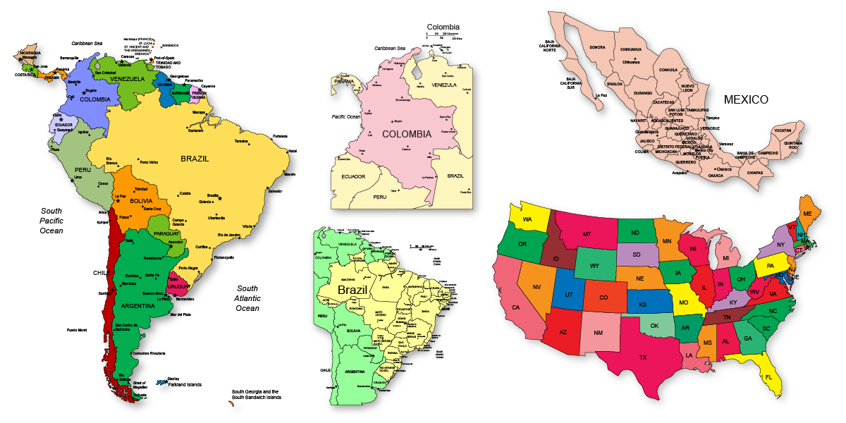 The Americas, USA Canada, South America, Central America, Brazil, Mexico, Cuba from the North and South Poles