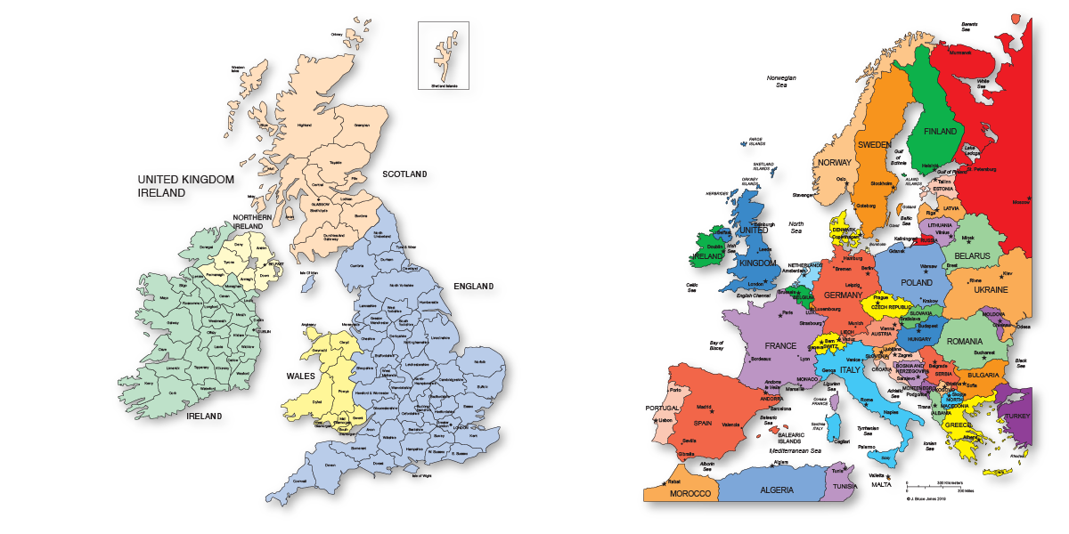 United Kingdom maps, England, Scotland, Ireland, Northern Ireland, Wales, broken down by counties