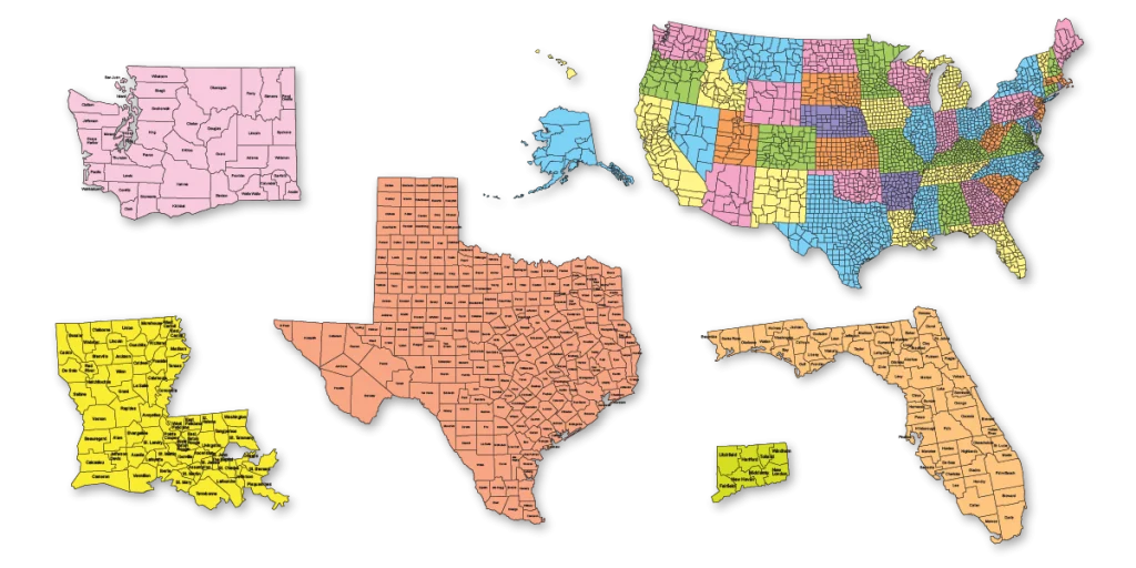 US state county maps. Individual maps with counties, jpg format