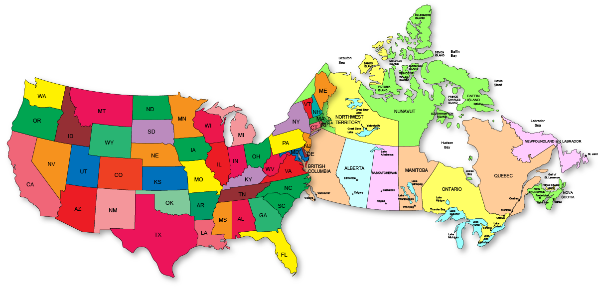 United States and Canada maps, 50 states, canadian provinces and territories