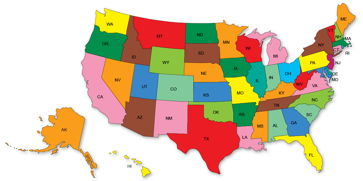 USA, United States, 50 States Map. America