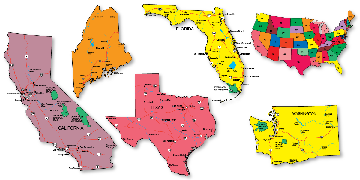 USA 50 state maps, include highways, names, capitals, waterways