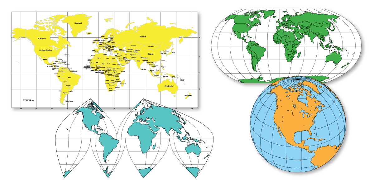 World projections and globes maps, Mercator, Robinson