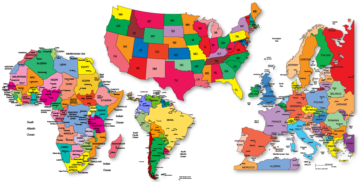 World Regional Maps, Africa, USA, Europe, Asia, Far East, South America, Middle East