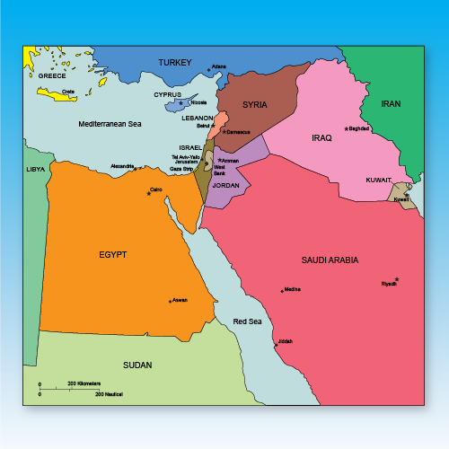 Middle East and Africa country maps. individual maps with capitals, names and cities, jpg
