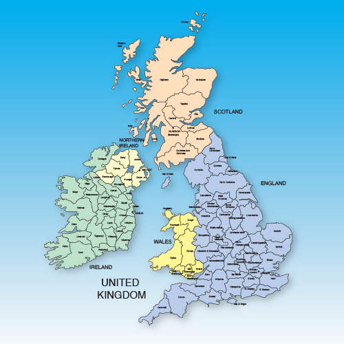 United Kingdom and Ireland map by counties and regions. jpg