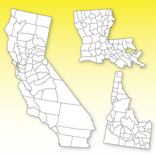 US 50 State Counties, blank outline maps, black and white, jpg maps